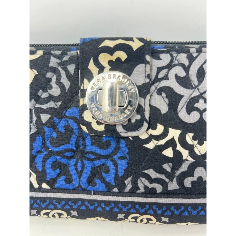 Vera Bradley Canterbury Pattern Turn Lock Zip Around Wallet Cobalt Blue Black